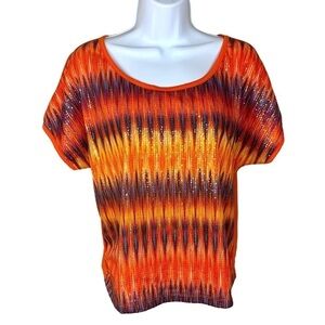 NEW Orange Sequined Multicolored Short Sleeve Blouse Top Stretch Small